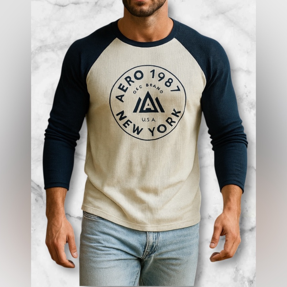 Aeropostale Navy Blue and Beige Waffle Knit Long Sleeve Logo Thermal Top Size XL